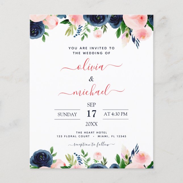Marinho de Casamento de Orçamento Azul Cor-de-rosa (Frente)