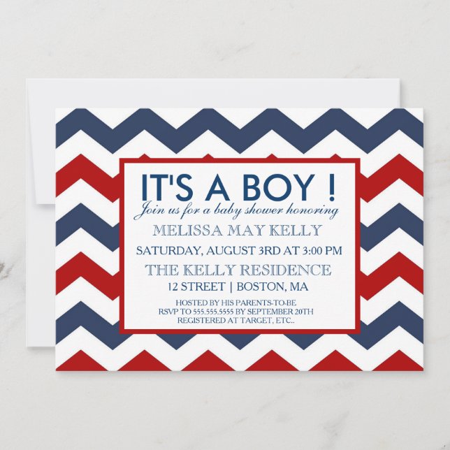 Marinho de Chevron & convite náutico vermelho do (Frente)
