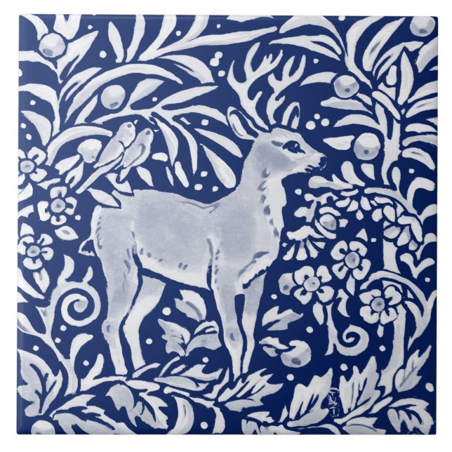 Marinho de Cobalto Blue Woodland Animal Deer Bird  (Frente)
