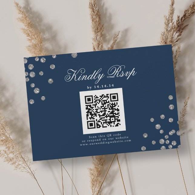 Marinho de Confetti de Silver RSVP de Casamento El (Elegant Wedding QR RSVP Silver Confetti Navy )