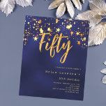 Marinho de estrelas azuis orçamento 50º convite de<br><div class="desc">Um convite moderno e na moda para uma 50ª festa de aniversário para ele e para ela. Decorado com estrelas ouros. Fundo azul marinho e a palavra 50 escrita com letras douradas falsas grandes. A cor azul é irregular. Personalize e adicione um nome e detalhes da parte. 1 folha =...</div>