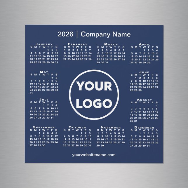 Marinho de logotipo da empresa no calendário moder (Modern 2026 Calendar Company Logo Navy Blue Magnet, in situ)