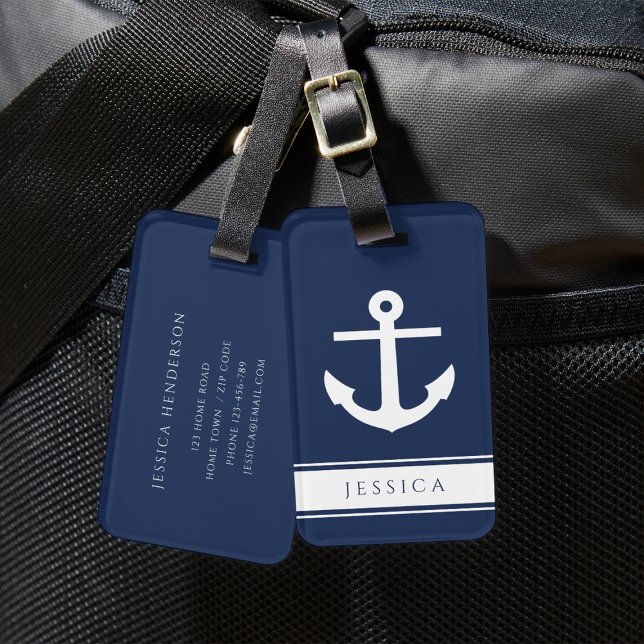 Marinho de nome personalizado Etiqueta de bagagem  (Nautical Anchor Custom Name Navy Blue Luggage Tag)