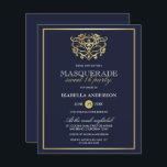 Marinho de Orçamento Mascarada Azul e Dourado Doce<br><div class="desc">Marinho De Orçamento Azul E Mascarada Dourado Doce 16 Convites de festas. Apresentando uma máscara de folha de alumínio dourada falsa no topo contra um fundo azul marinho. Perfeito para uma festa de aniversário 16 moderna,  mas elegante!</div>