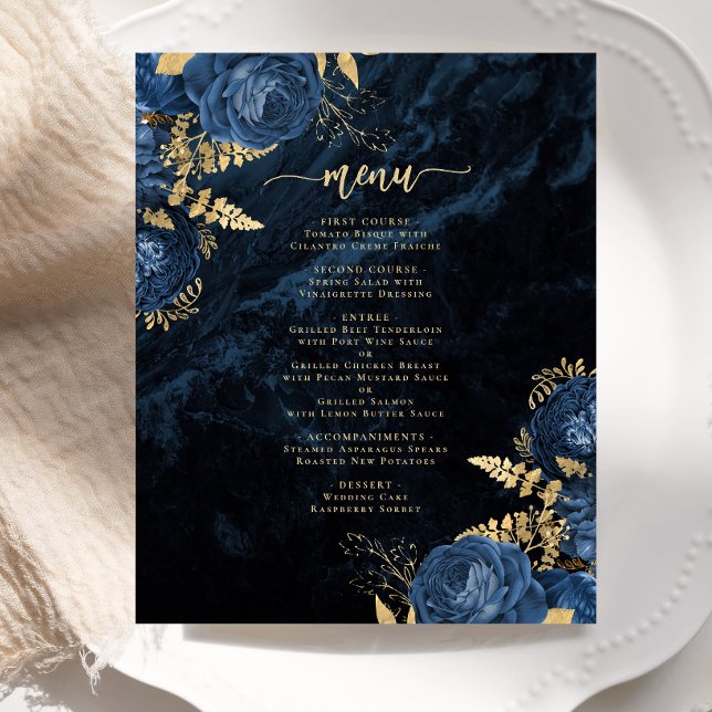 Marinho de Orçamento Menu Floral Dourado Azul (Criador carregado)