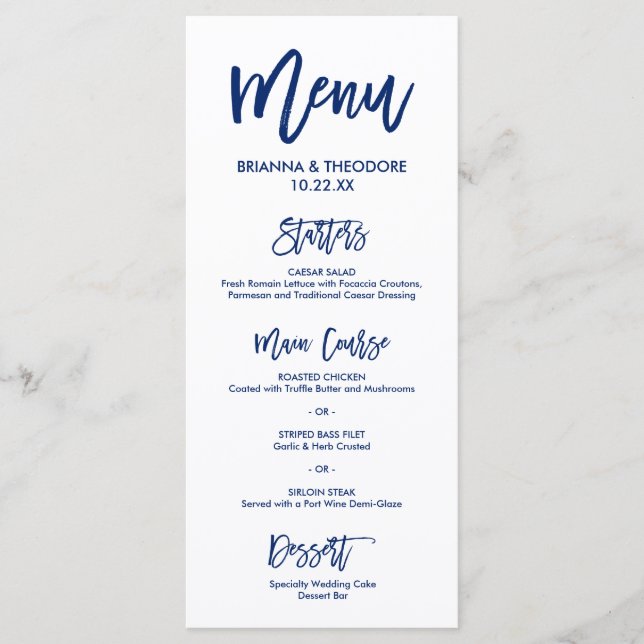 Marinho do Menu Casamento com Letra Chic Mão Azul (Frente)
