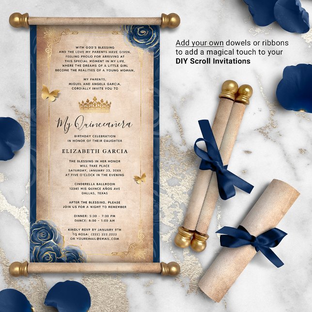 Marinho Dourado Blue Quinceanera DIY Scroll Invasõ (DIY scrolls do not come with dowels. Add your own or roll up with a ribbon for an elegant touch!)