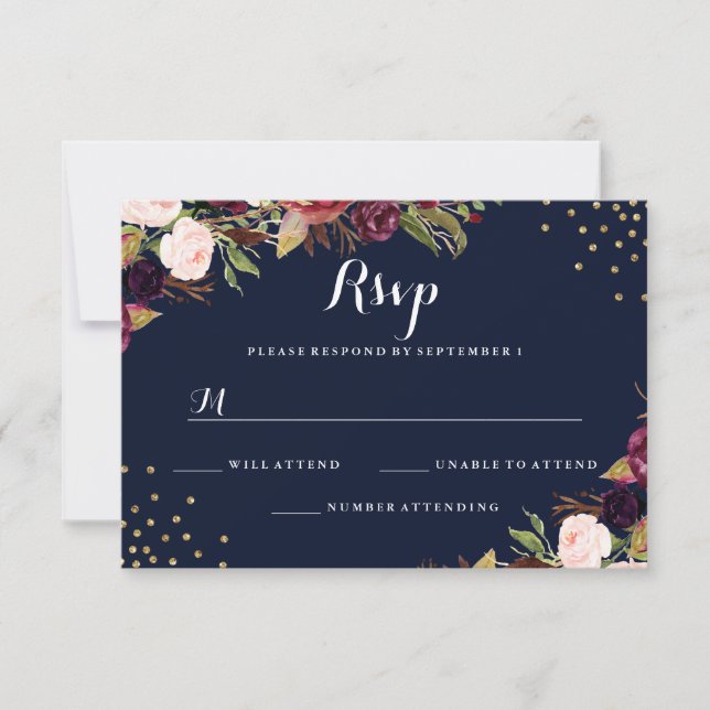 Marinho Dourado Confetti Casamento Floral RSVP (Frente)