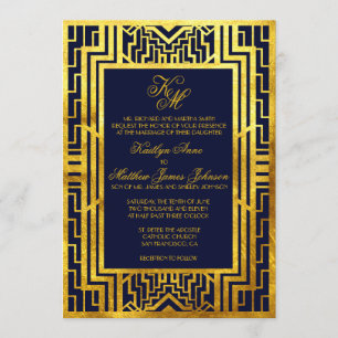 Marinho Dourado Gatsby Art Deco Cartão de Convite 
