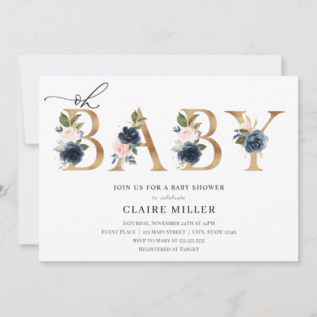 Marinho e Blush Oh Chá de fraldas convite (Frente)