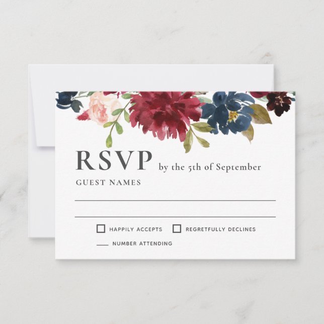 Marinho e Burgundy Elegant Floral Wedding RSVP (Frente)