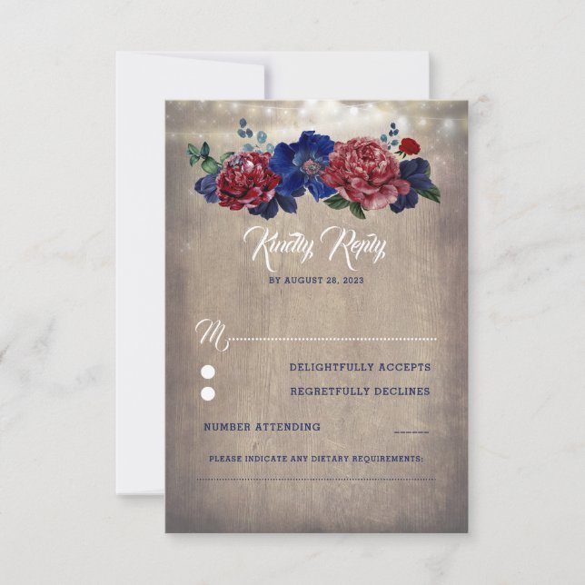 Marinho e Burgundy Rustic Floral Wedding RSVP (Frente)