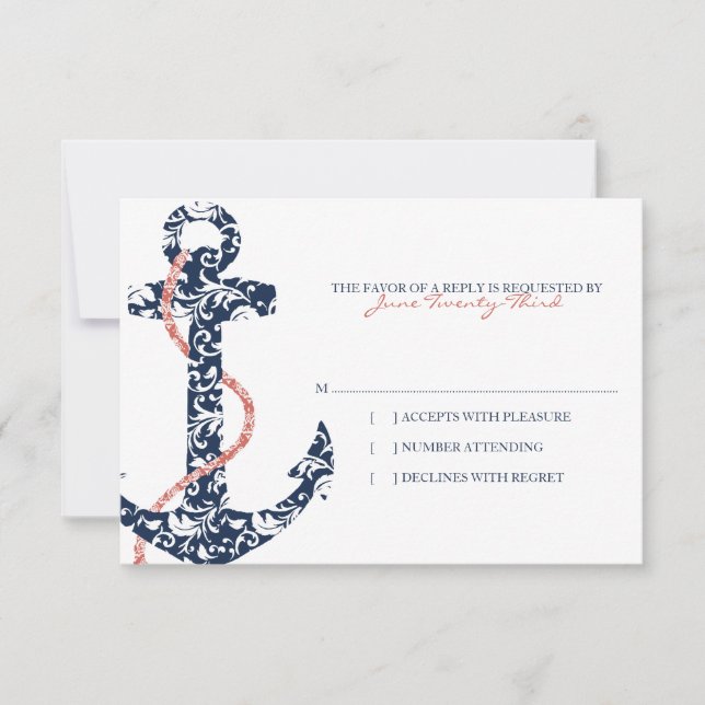 Marinho e Coral Anchor Beach Weding rsvp (Frente)