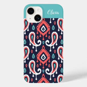 Marinho e Coral Ikat Paisley Monograma