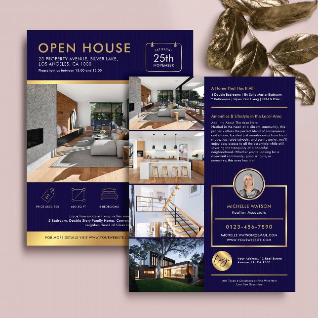 Marinho E Dourado Abrir Casa Para Folheto De Venda (Elegant navy blue and gold effect open house marketing flyer with photos and custom text)