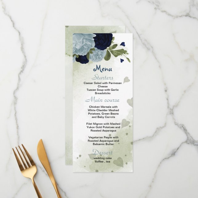 marinho e flores azuis empoeiradas menu de casamen (Frente/Verso In Situ)