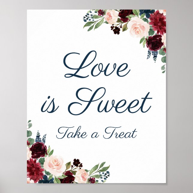 Marinho e Marsala Floral Love é doce Sinal Poster (Frente)