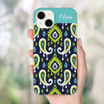 Marinho e Monograma Verde de Ikat Paisley<br><div class="desc">Capa de telefone personalizada com um padrão paisley boho ikat em azul marinho, verde e turquesa. Personalize-o com o seu nome ou monograma num quadro de bloco de cor. Use as ferramentas de design para editar as fontes de texto e as cores ou carregar suas próprias fotos para criar uma...</div>