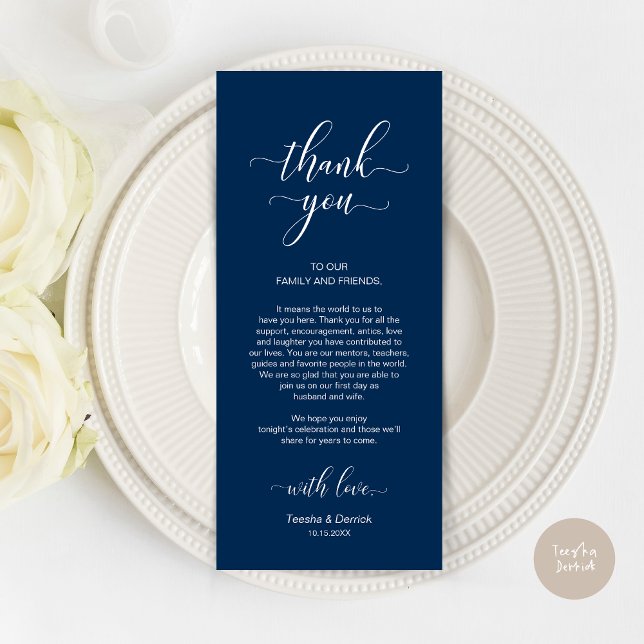Marinho Elegante Azul, Cartões de agradecimentos d (Wedding Dinner Place Setting Thank You Card, Modern Classy Design, Navy Blue)
