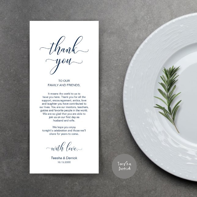 Marinho Elegante Azul, Cartões de agradecimentos d (Wedding Dinner Place Setting Thank You Card, Modern Classy Design, Navy Blue)