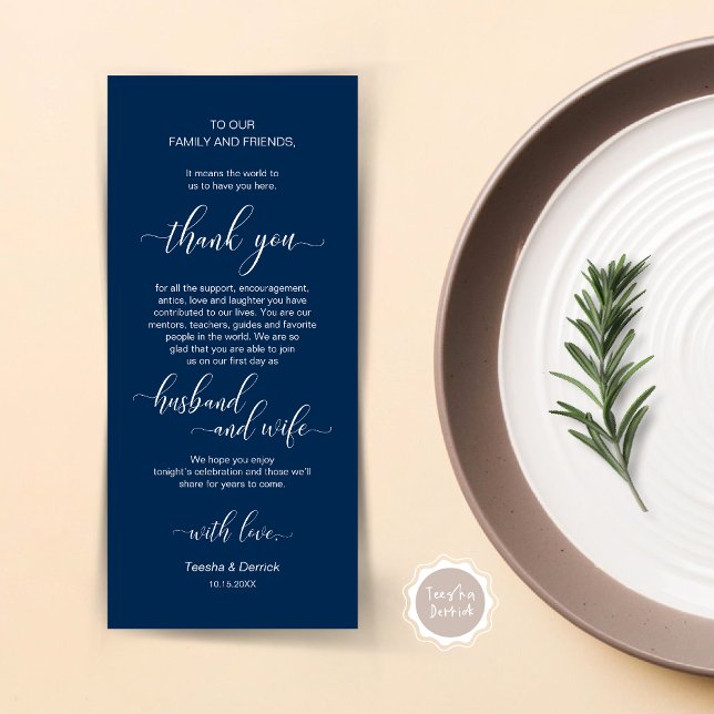 Marinho Elegante Azul, Cartões de agradecimentos d (Wedding Dinner Place Setting Thank You Card, Plate Decor, Modern Classy, in Navy Blue)