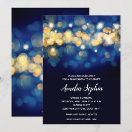Marinho Elegante e Dourado Convite Bokeh Quinceañe