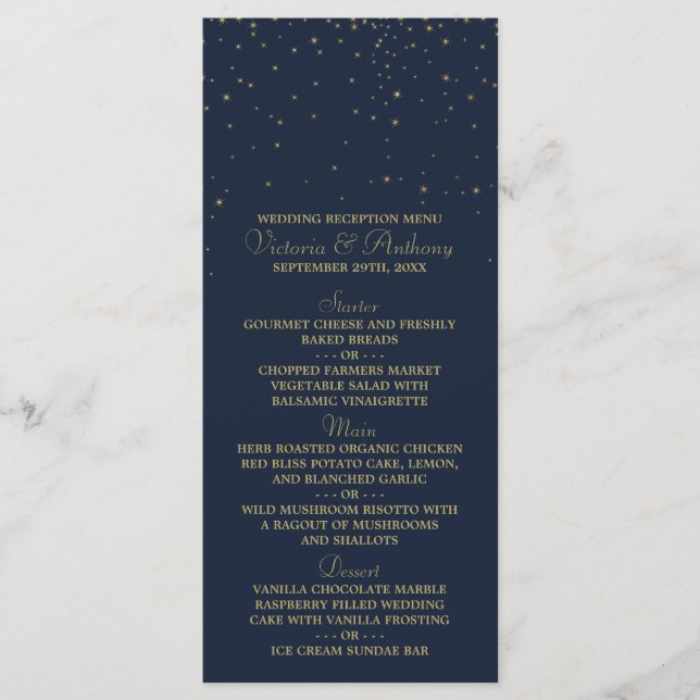 Marinho Elegante e Dourado Estrelas Caindo Menu Ca (Frente)
