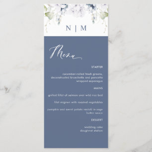 Marinho Elegante e Menu de Casamento Floral Branco