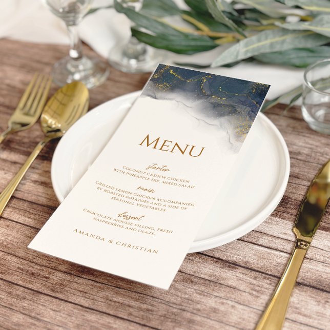 Marinho Elegante Menu Azul Dourado Casamento Marbl (Criador carregado)