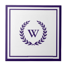 Marinho Elegante Monograma Azulejo Azul Branco Cer