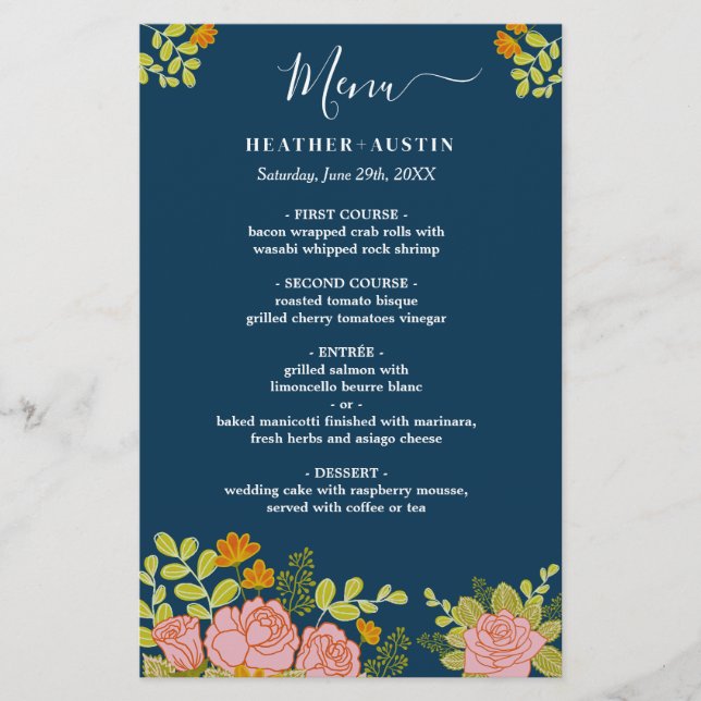 Marinho Escuro Floral Azul Casamento Botânico Menu (Frente)