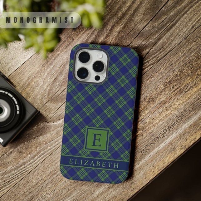 Marinho Escuro Personalizável Verde Azul (Customizable Dark Navy Blue Green Checkered iPhone Case)
