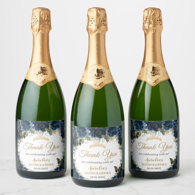 Marinho Escuro Rosas Florais Azuis Borboletas Favo (Garrafas)