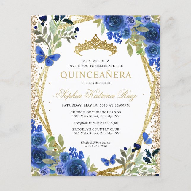 Marinho Floral Azul, Dourado Quinceañera Convite (Frente)
