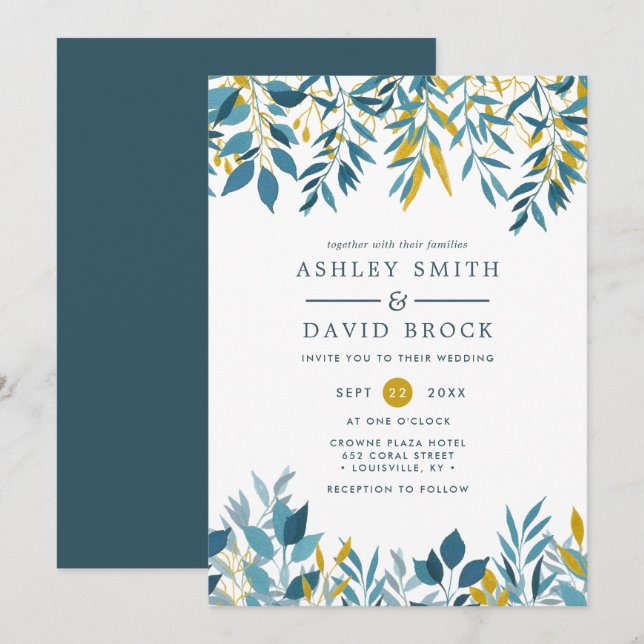 Marinho Floral Botânica De Aquarela Convite De Cas (Frente/Verso)