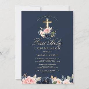Marinho Floral Cross Boys Primeiro Convite Comunit