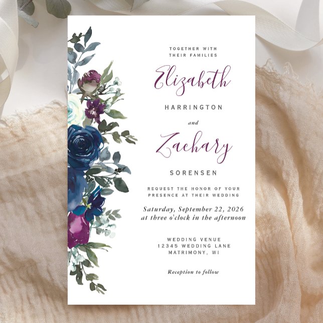 Marinho Floral de Plum Azul Convite para Casamento (Criador carregado)
