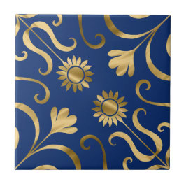 Marinho Floral Elegante Damasco Azul e Dourado Gir