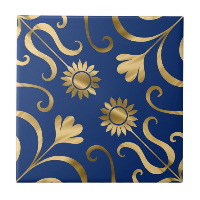 Marinho Floral Elegante Damasco Azul e Dourado Gir (Frente)