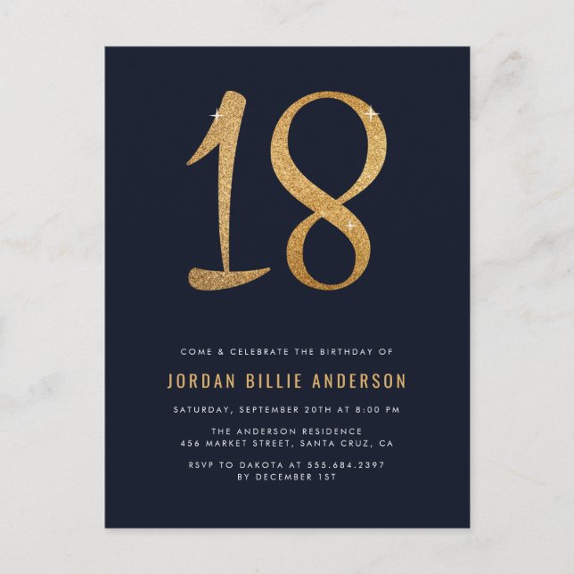 Marinho formal e Convite de aniversário Dourado 18 (Frente)