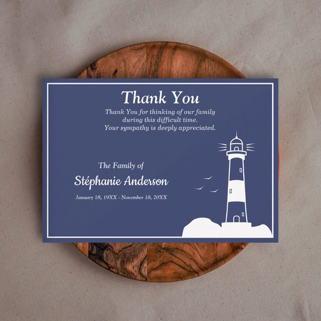 Marinho Iluminado Funeral Azul Obrigado Cartão Not (Lighthouse Navy Blue Funeral Thank You Note Card)