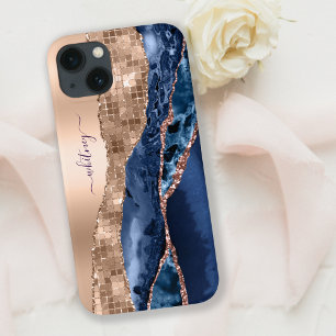 Marinho Indigo Azul e Rosa Dourado Glitter Agate