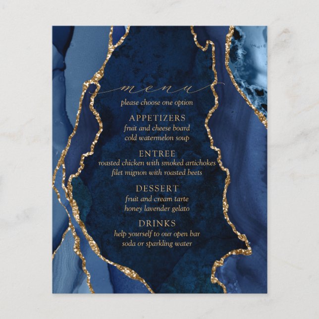 Marinho Marble e Dourado Menu de Casamento Agate (Frente)