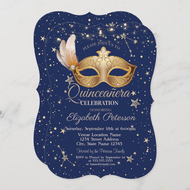 Marinho Masque Estrelas Azuis Quinceañera Convite (Frente/Verso)