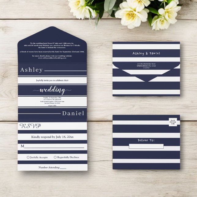 Marinho Moderno Blue Stripes Elegante Casamento (Criador carregado)