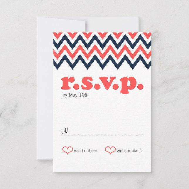 Marinho Moderno e Coral Chevron & Lovebird RSVP (Frente)