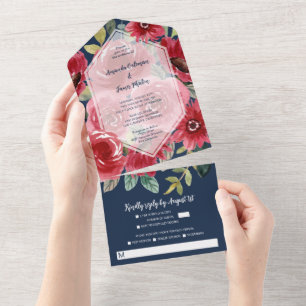 Marinho Moderno Vintage Casamento Floral Vermelho 