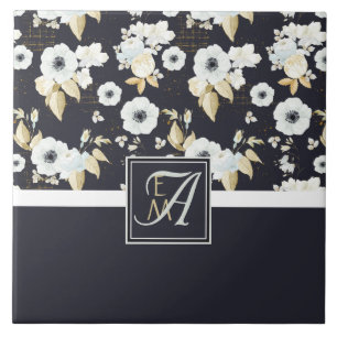 Marinho Monograma Azul Decoração Floral Branca A