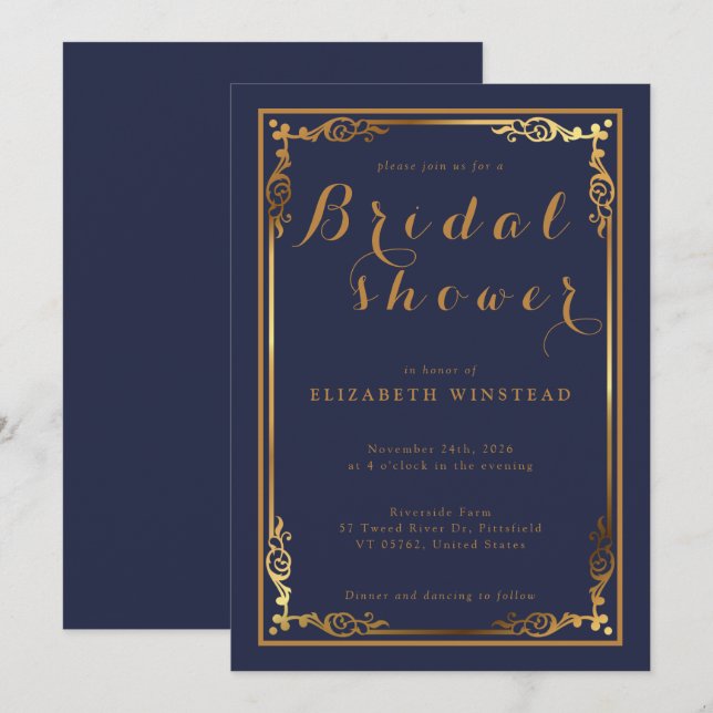 Marinho na moda convite azul para um chá de panela (Frente/Verso)