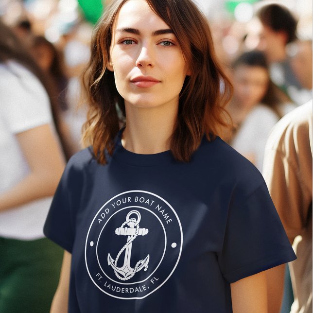 Marinho Náutico Nome de Barco Azul Ancorado Person (Nautical Anchor Navy Blue Boat Name Womens T-Shirt)